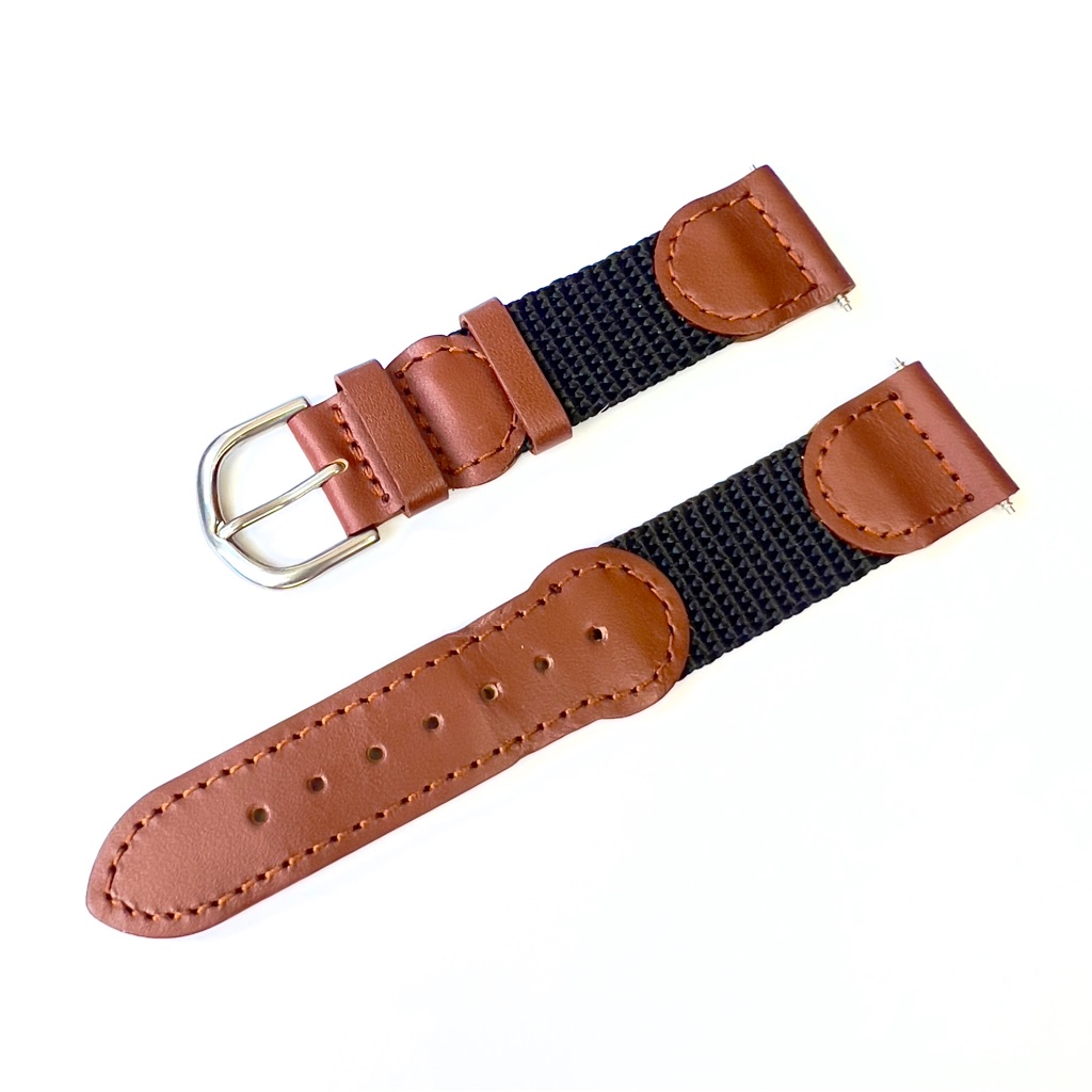 New 1916mm R Brown LeatherBlack Fabric Watch Strap Band Silver Tone Buckle